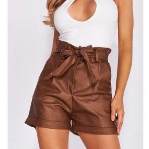 Brown Vegan Leather Faux Leather High Waist Cuffed Paper Bag Waist Shorts